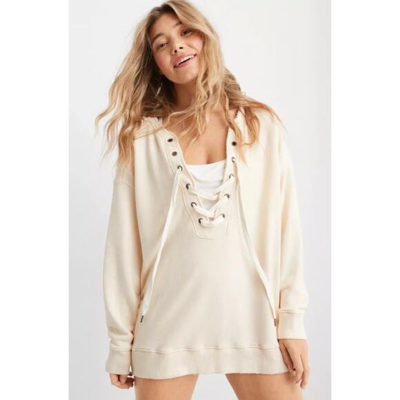 Aerie oversized lace up pullover slouchy sweater in cream - Picture 1 of 10